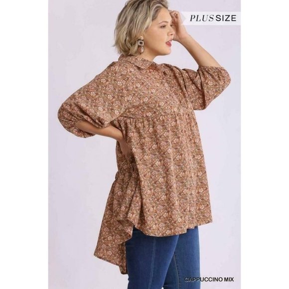 Umgee Plus Cappuccino Mixed Floral Print Tunic Top - Picture 3 of 5